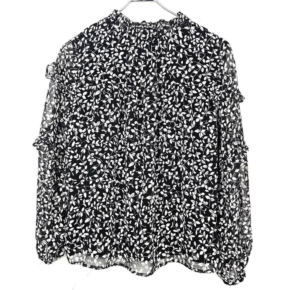 VINCE CAMUTO Front Button Black White Leaf Sheer Sleeved Career Blouse Top Small - Picture 6 of 6